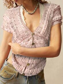 Bohemela Áo cánh tay ngắn cổ chữ V màu trơn vừa vặn cho nữ Áo ren cho nữ Áo móc cho nữ Áo dệt kim cho nữ Áo mùa hè cho nữ Áo ren cho nữ - Hồng - Xem 6