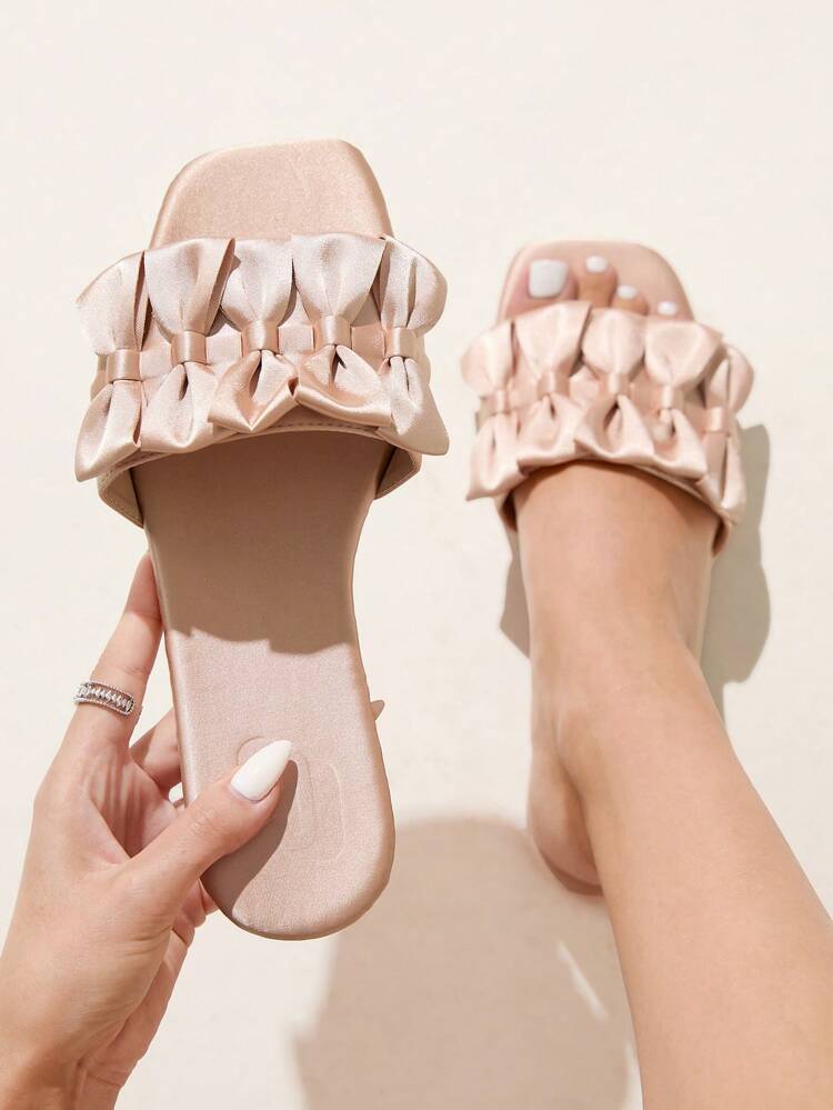 CUCCOO CHICEST Women's Bow Knot Square Toe Flat Sandals, Elegant Romantic Casual Pink Satin Ladies Flat Sandals, Beach Flip Flops For Afternoon Tea Date, Holiday, Beach Party
