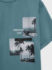 RueChic Men's Casual Round Neck Short Sleeve Letter & Palm Tree Print T-Shirt, Summertime - Army Green - View 4