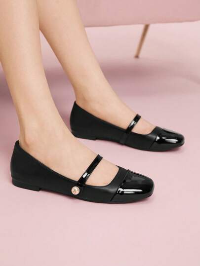 CUCCOO DOLLMOD 女士时尚黑色圆头仿珍珠装饰带芭蕾平底鞋，舒适一脚蹬鞋，适合通勤、聚会、购物、度假