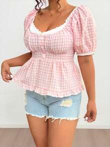 Flirla Plus Size Plaid Print Short Sleeve Shirt - Pink - View 3