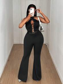 Maweii 大码女式镂空交叉设计露背性感针织连体裤