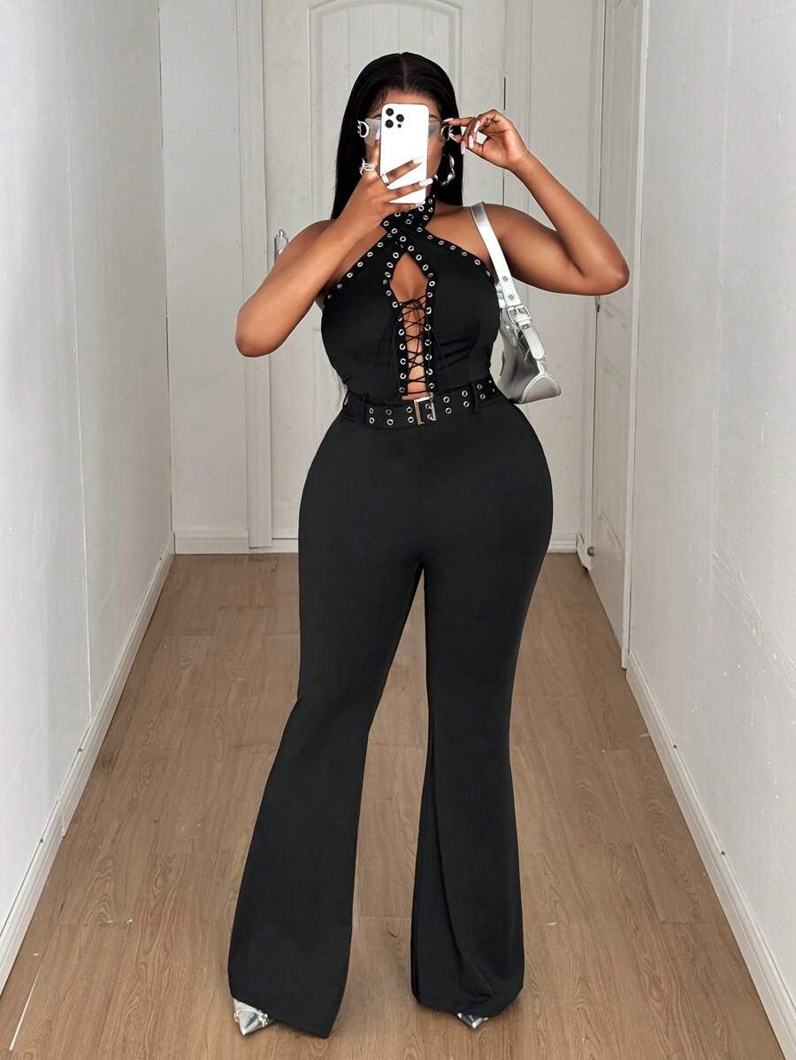 Maweii 大码女式镂空交叉设计露背性感针织连体裤