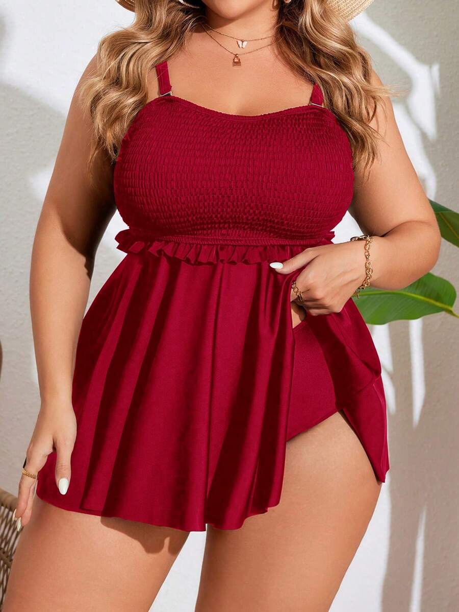 Swim Lushoire Conjunto de tankini de talla grande para mujer con tirantes finos y falda - Rojo - Ver 1