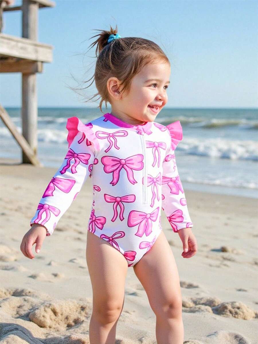 SHEIN 女婴蝴蝶印花荷叶边盖袖拉链连体泳衣 - 粉色 - 查看 1