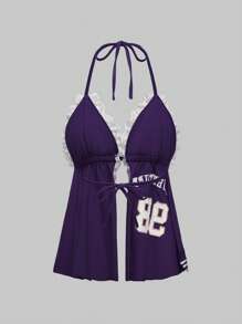 ROMWE Avant Women's Retro Sports Sexy Lace Trim Letter Embroidered Halter Neck Vest