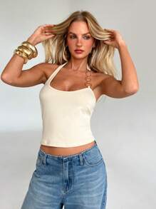 Aloruh Women's Summer Casual Daily Sleeveless Top With Round Ring & Chain Design - Apricot - View 5