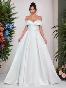 Glamrae Elegant White Satin Simple & Generous Off Shoulder Neckline Luxurious Pearl Rhinestone Decor Cinched Waist Flared A-Line Hem Adjustable Back Tie Trailing Bridal Wedding Dress, Bride - White - View 4