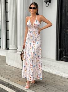 Pariaura Váy yếm hở lưng in hoa thanh lịch dành cho nữ, hoàn hảo cho kỳ nghỉ - Màu be - Xem 3