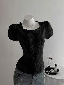 Elamini Women's Solid Color Minimalist Short Sleeve Black Blouse - Black - View 4