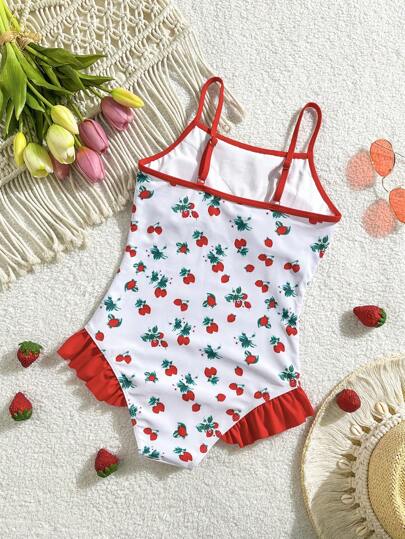 SHEIN Tween Girls One-Pieces: Fruit Strawberry Printed , Collage Lace Hem Fashion Swimwear, Beachwear, Swimmingwear , Vacationwear , And Summerwear