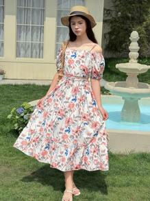 DAZY 少女花卉印花露肩荷叶边休闲迷你连衣裙，女孩夏季服装，返校服装 - 粉色 - 查看 5