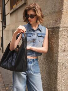Ontre Women's Blue Denim Vest Box Vest Lapel Truncated Design Old Money Style Top