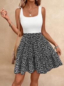 SHEIN Frenchy Váy chữ A không tay họa tiết hoa cho kỳ nghỉ hè của phụ nữ Bridgerton - Đen và trắng - Xem 2