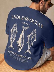 HIMLAND Men's Casual Fish Graphic Print Loose Drop Shoulder Crew Neck Short Sleeve Oversized T-Shirt, Suitable For Everyday Wear, Summer Fish Shirts Men Fishing Tshirt Graphic Tees Men Blue Men Beach T Shirt