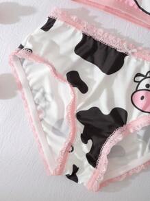Conjunto de lencería con estampado de vaca de dibujos animados y letras, con ribete de encaje para niña preadolescente - Multicolor - Ver 3