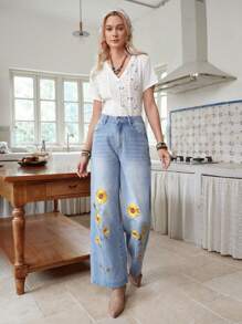 LanaWest 女士休闲水洗花卉刺绣牛仔长裤 - 藍色 - 查看 6