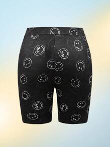SmileyWorld® | SHEIN Plus Size Patched Smiling Face Pattern Cycling Shorts Summer / Summer Outfits For Women/ Summer Clothes Summer Pants Black Leggings Rave Outfits Festival/ Rave/Festival/ Rave Outfits/ Festival Outfits For Women/ Country Concert Outfit/ Festival Outfits/ Concert/ C Concert Outfit Women/ Concert Outfits For Women/Rave Outfit/Rave Top