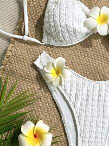 Sweetra 2 piezas Traje de baño tipo bandeau con tirantes finos y decoración floral de textura sólida, atuendo de playa de verano para mujeres - Blanco - Ver 5