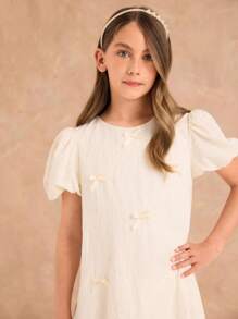 Ontre Tween Girls Loose Casual Puff Sleeve Butterfly Decor Dress - Apricot - View 3