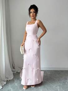 Chiquease Women's Elegant Square Neck Sleeveless Maxi Dress With Bow Decor - Pink - View 7