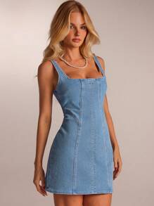 SHEIN Forever 21 Women's Casual Square Neck Cinched Waist Denim Dress, Summer Women Denim Dress Denim Mini Dress Curve Denim Dress - Baby Blue - View 4