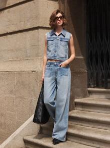 Ontre Women's Blue Denim Vest Box Vest Lapel Truncated Design Old Money Style Top