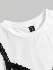 SHEIN MOD Bộ 2 món gồm váy ngắn tay cổ tròn dáng rộng thoải mái kèm áo hai dây ren, thích hợp mặc hàng ngày, phong cách hippie, dự tiệc trà, ren, đi chơi, váy thường ngày. - Đen và trắng - Xem 4