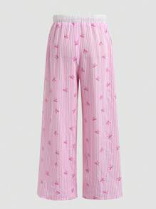 SHEIN 女童条纹蝴蝶结印花扭纹前裤 - 粉色 - 查看 2