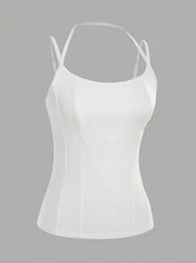 INAWLY Áo ba lỗ nữ màu trắng tối giản bó sát co giãn thường ngày - trắng - Xem 3