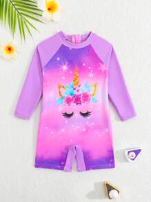 SHEIN Baby Girls Printed Long Sleeve Rashguard Swimsuit - Purple - View 1
