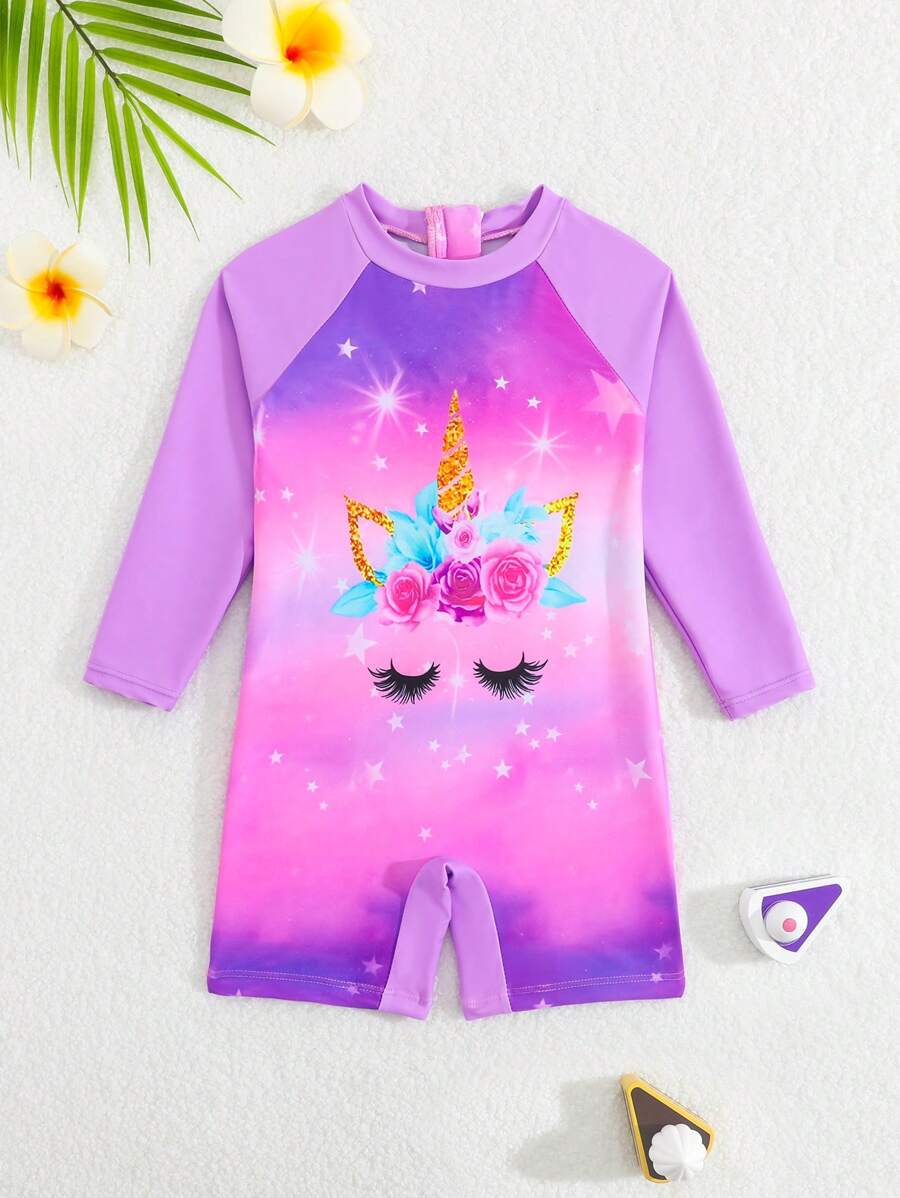 SHEIN Baby Girls Printed Long Sleeve Rashguard Swimsuit - Purple - View 1