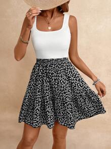 SHEIN Frenchy Váy chữ A không tay họa tiết hoa cho kỳ nghỉ hè của phụ nữ Bridgerton - Đen và trắng - Xem 3