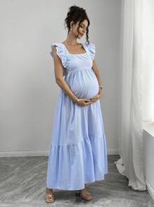 SHEIN 条纹长款方领荷叶边袖露背系腰休闲孕妇装 - 藍色 - 查看 4