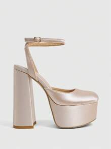 CUCCOO SZL Women's Fashion Nude Color Platform Strap Thick Heel Pumps, Suitable For Commuting, Dates, Gatherings, Holidays & Parties For Christmas Spring Shoes - Apricot - View 2