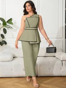 Ellevyn 2pcs/Set Plus Size Women Hem Decor Sleeveless Top And Wide Leg Pants Set - Mint Green - View 9