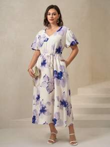 Chikora Plus Size Women's V-Neck White Summer Elegant Flowy Puff Sleeve Dress,Tea Party Cocktail Fairycore Modest Formal Gowns Evening Concert Outfits - Multicolor - View 6