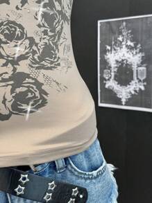 EgrlEra 女式春夏卡其色 Y2K 水钻装饰黑色图案印花街头修身舒适朋克摇滚休闲吊带背心 - 棕色 - 查看 5