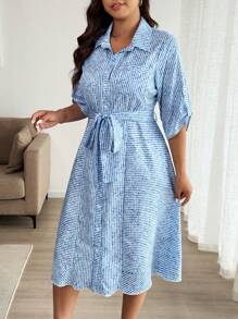 Calvaya Robe-chemise rayée pour femmes grandes tailles, col boutonné, taille auto-nouée, manches courtes, tenue décontractée d'été, décontracté chic - Bleu azur - Voir 4