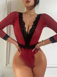 DAZY 女士性感修身连体衣，薄纱蕾丝和网纱拼接，深V领女士内衣 - 紅色 - 查看 5