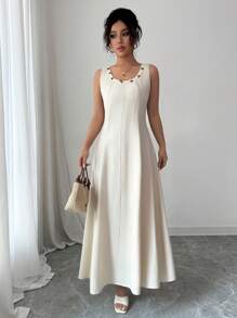 Gloray Damen Leinenkleid mit rundem Ausschnitt und ärmellos für den Berufsalltag