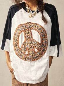 Bohemela Maglietta casual oversize taglie comode, maglia a blocchi di colore con scollo tondo e maniche a raglan