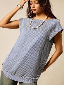 Easelle 女式休闲蓝白条纹露背宽松T恤，春夏 - 藍白色 - 查看 6
