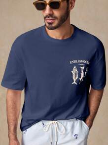 HIMLAND Men's Casual Fish Graphic Print Loose Drop Shoulder Crew Neck Short Sleeve Oversized T-Shirt, Suitable For Everyday Wear, Summer Fish Shirts Men Fishing Tshirt Graphic Tees Men Blue Men Beach T Shirt