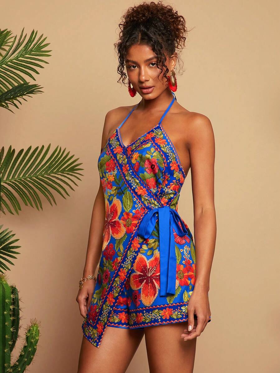 Travachic Women's Blue Floral Halter Neck Sleeveless Criss-Cross Wrap Jumpsuit,Summer Boho Vacation Holiday Beachwear,Woven Printed Spring Break Concert Outfit - Navy Blue - View 1