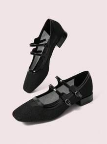 CUCCOO DOLLMOD Women's Fashionable Versatile Comfortable Low Vamp Rhinestone Buckle Flat Shoes For Christmas Spring Shoes - Black - View 9