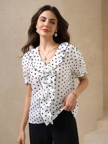 Amorya Damska koszula w kropki, z blokami kolorów, rękawami bąbelkowymi, falbankami z czarnym brzegiem i listwą na guziki