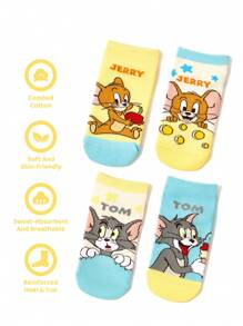 TOM & JERRY X SHEIN 4 Pairs Cotton Cute Cartoon Cat & Mouse Pattern Children Short Socks, Reinforced Toe & Heel, Unisex For Boys & Girls, Suitable For All Seasons - Multicolor - View 3
