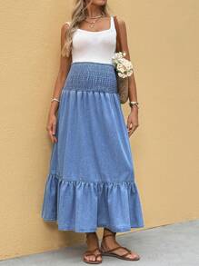 SHEIN Maternity High Waist Ruffled Hem Denim A-Line Skirt, Casual & Holiday Style
