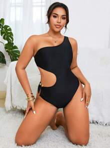 Swim Vcay Plus Size Women Solid Color One Shoulder Vacation One Piece Swimsuit For Summer - Black - View 5